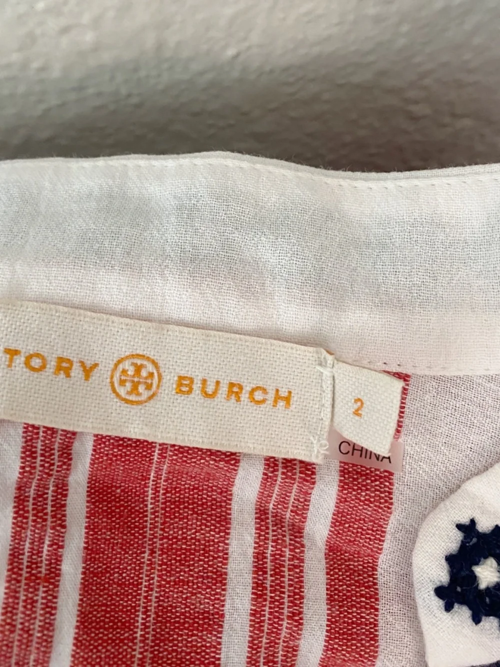 Tory Burch Embroidered Striped Tunic Top White Red Size 2